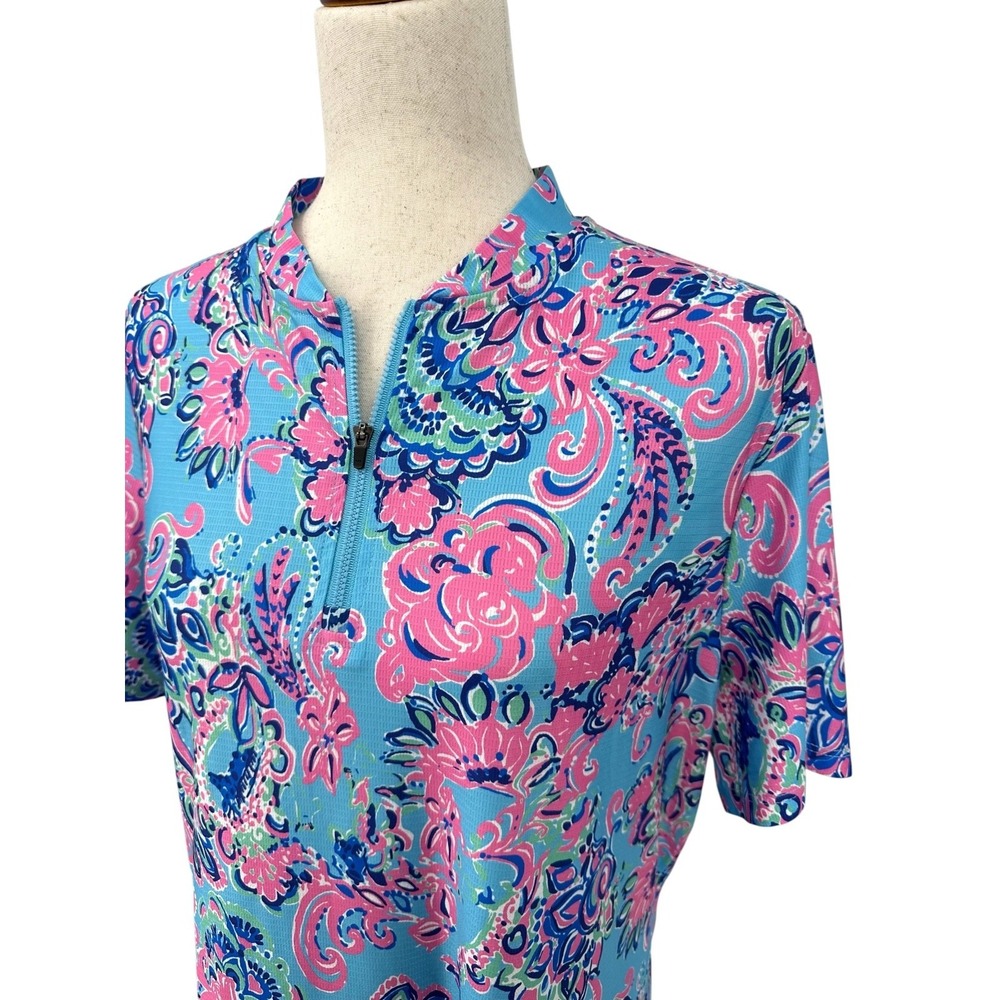 SONEVEN Quarter Zip Short Sleeve Blue Paisley Performance UPF 50+ Top Women's XL
